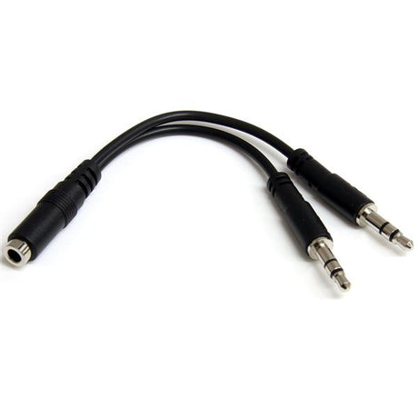 3.5mm headset splitter adapter connects 4-position headsets to two 3-position ports for gaming and PC audio.
