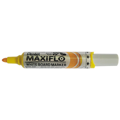 Set of 12 PENTEL MAXIFLO yellow whiteboard markers with pump action ink system for long-lasting, smooth writing.