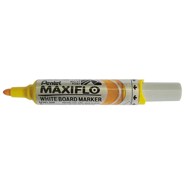 Set of 12 PENTEL MAXIFLO yellow whiteboard markers with pump action ink system for long-lasting, smooth writing.