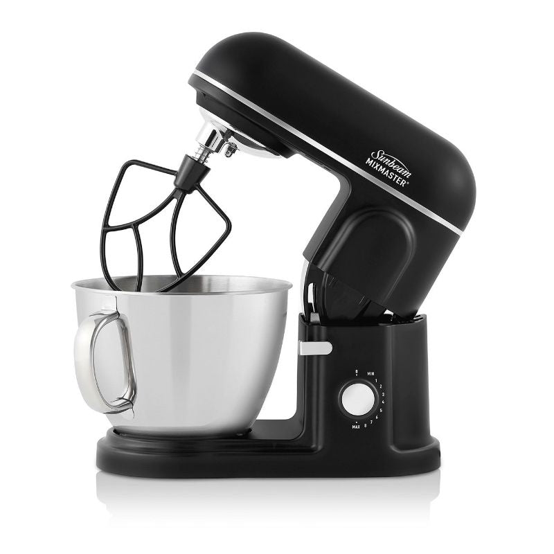 Sunbeam stand mixer in black with 850W motor, 5L stainless steel bowl, 8 speeds, and essential baking accessories.