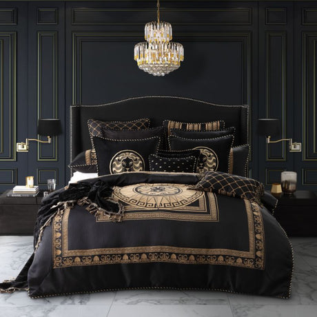 Luxurious Massimo Black Queen Duvet Cover Set featuring majestic lions and Greek key borders in gold and black.