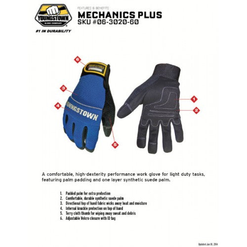 Youngstown Mechanics Plus Work Gloves feature padded palms, knuckle protection, and washable suede for comfort and safety.