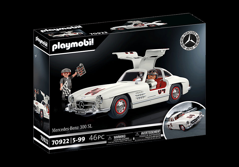 Playmobil Mercedes-Benz 300 SL model featuring gullwing doors, authentic details, and figurines for imaginative play.