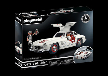 Playmobil Mercedes-Benz 300 SL model featuring gullwing doors, authentic details, and figurines for imaginative play.