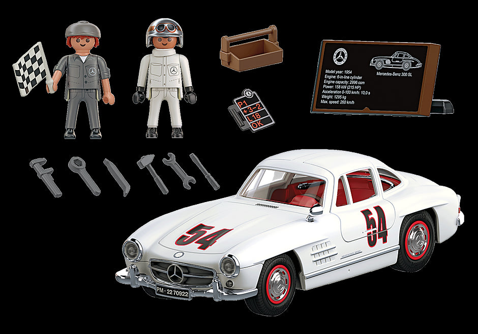 Playmobil Mercedes-Benz 300 SL model, featuring gullwing doors, chrome bumpers, and accessories for imaginative play.
