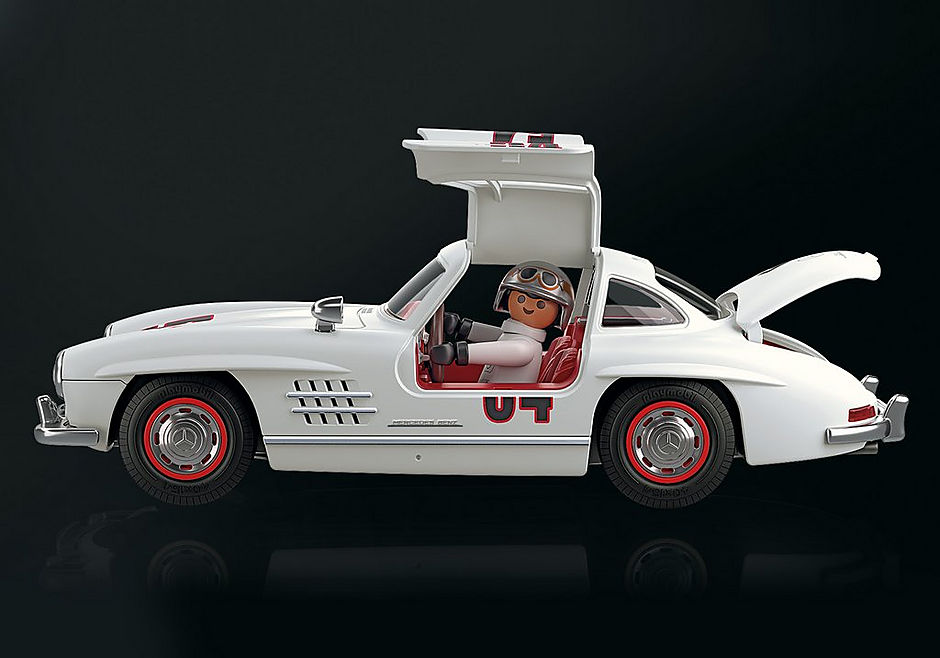 Playmobil Mercedes-Benz 300 SL model with gullwing doors, featuring a racecar driver and mechanic for imaginative play.