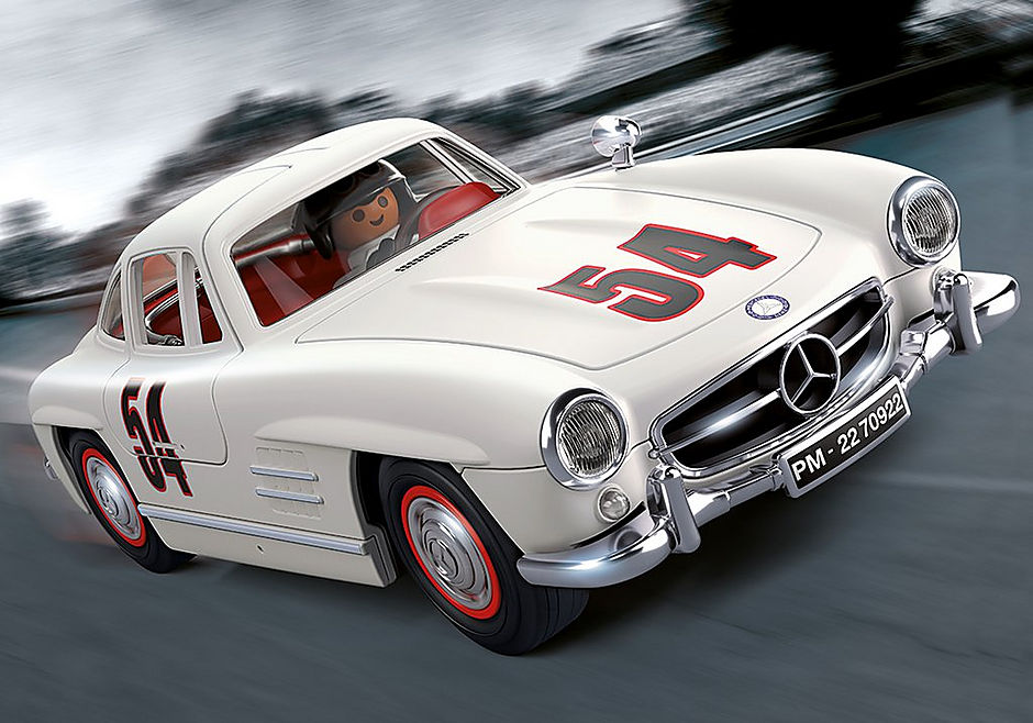 Playmobil Mercedes-Benz 300 SL model featuring gullwing doors, detailed cockpit, and accessories for imaginative play.