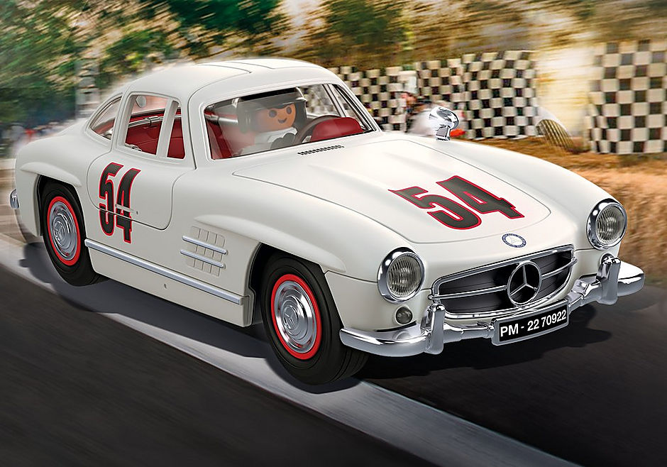 Playmobil Mercedes-Benz 300 SL model with gullwing doors, figures, and racing accessories for imaginative play.