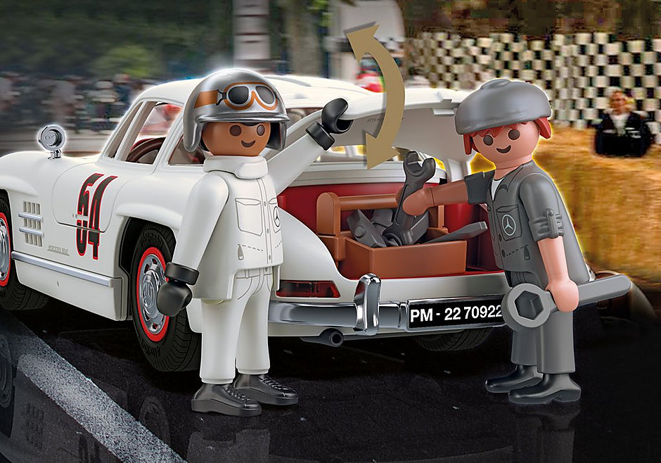 Playmobil Mercedes-Benz 300 SL model with gullwing doors, includes driver, mechanic, and racing accessories for imaginative play.