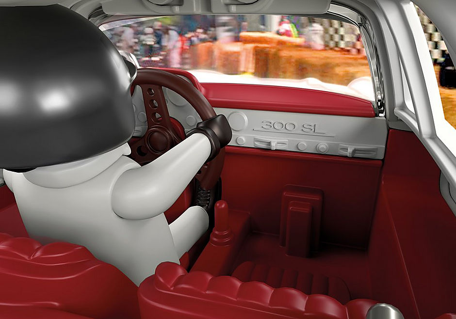 Playmobil Mercedes-Benz 300 SL model featuring iconic gullwing doors, chrome details, and figures for imaginative racing play.