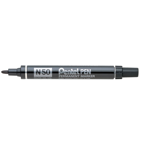 PENTEL N50 permanent markers, 1.5mm bullet nib in black, pack of 12, waterproof, suitable for various surfaces.