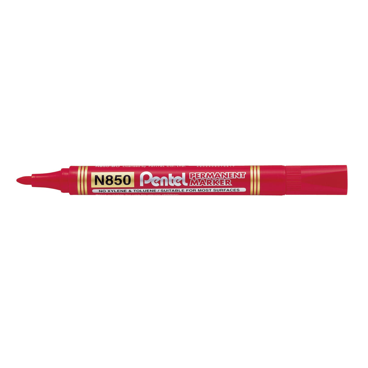 Set of 12 PENTEL red permanent markers with 1.5mm bullet nib for versatile marking on various surfaces.
