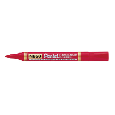 Set of 12 PENTEL red permanent markers with 1.5mm bullet nib for versatile marking on various surfaces.