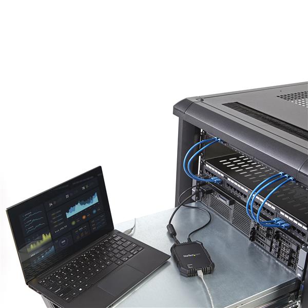 Portable USB KVM console adapter transforms laptops into crash carts for server access, featuring rugged housing and USB/VGA connectivity.
