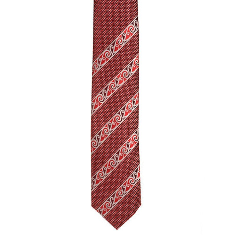 Elegant red Maori necktie featuring intricate Kowhaiwhai pattern, blending modern style with traditional heritage.