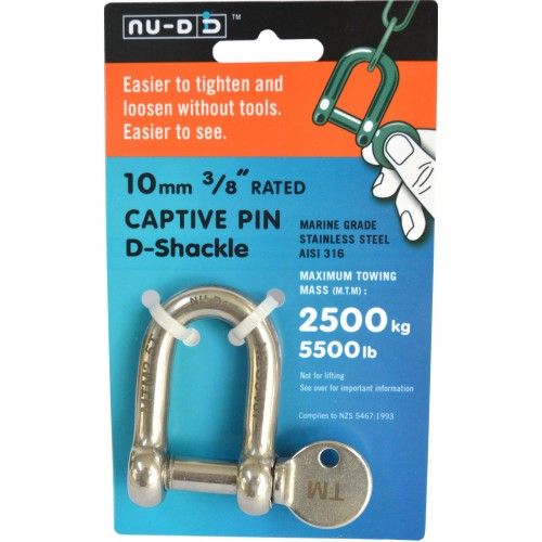 Nu D Tested Shackle in Grade 316 stainless steel, 10mm diameter, 2500kg load limit, ideal for marine and industrial use.