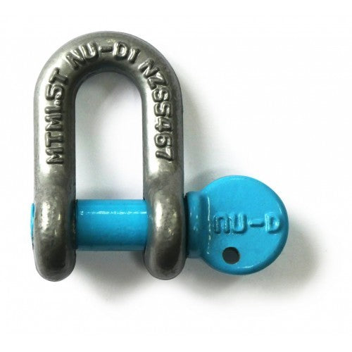 Nu-D Tested 8mm shackle with easy open key, 1500kg capacity, made of durable carbon and alloy steel for reliable lifting.