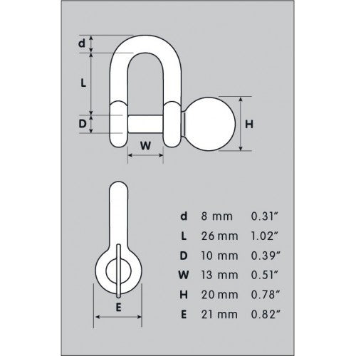 Nu-D Tested 8mm shackle with easy-open key, 1500kg capacity, durable carbon and alloy steel for lifting and securing.