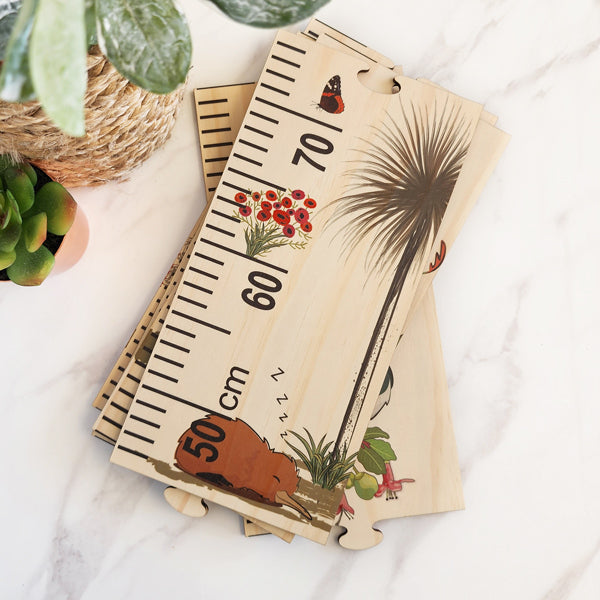 Floral NZ Birds Height Chart: a decorative 195cm growth tracker crafted from sustainably sourced pine veneer, featuring unique bird art.