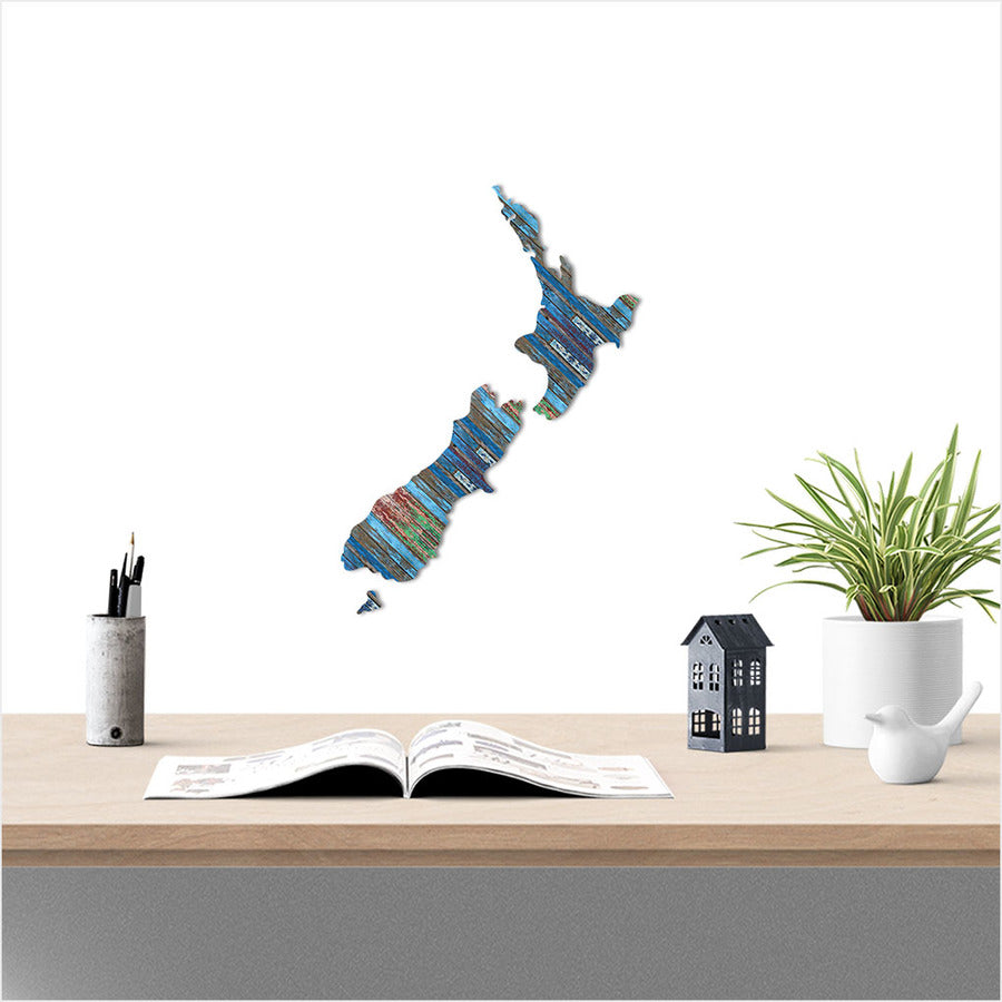 Rustic NZ map wall art in aged timber pattern, perfect for enhancing any space with style and character.