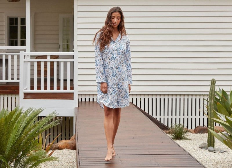 Elegant XL MILA Nightshirt by BAKSANA, featuring a Mediterranean pattern and comfortable long sleeves for cozy nights.