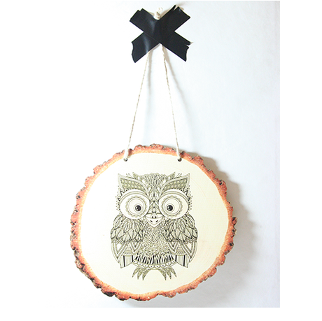Wood slice wall art featuring a charming owl design, crafted from eco-friendly pine veneer for rustic home decor.