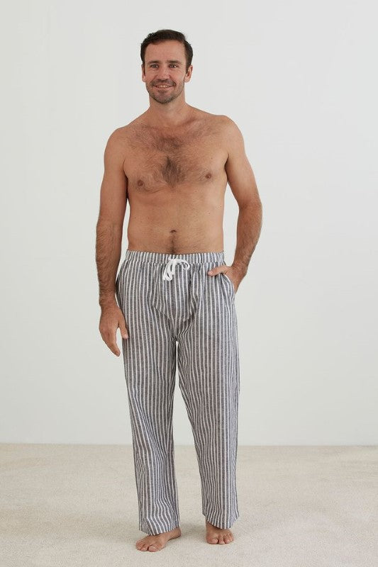 Comfortable grey and white striped PJ pants with elastic waistband and side pockets, made from cotton-linen blend.
