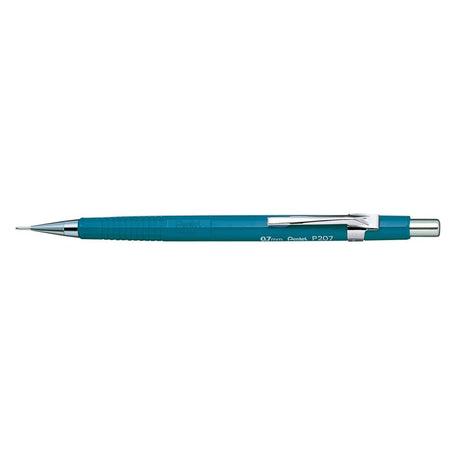 PENTEL P207 blue barrel mechanical pencil, 0.7mm lead, fixed sleeve for drafting, removable clip, and eraser cover.