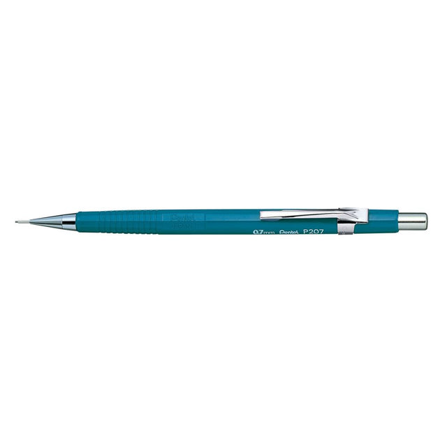 PENTEL P207 blue barrel mechanical pencil, 0.7mm lead, fixed sleeve for drafting, removable clip, and eraser cover.