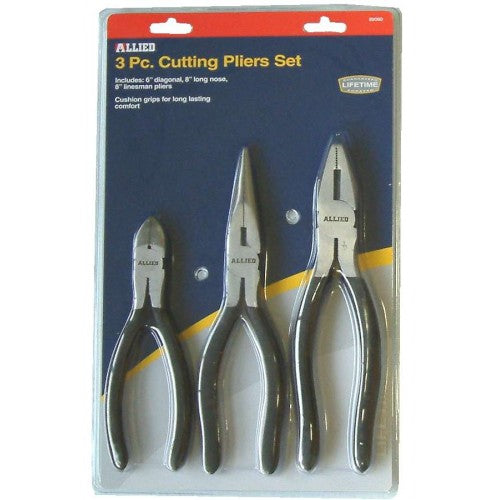 3-piece Plier Cutting Set #89080 with 175mm diagonal cutter, 200mm long nose and linesman pliers for precision cutting.