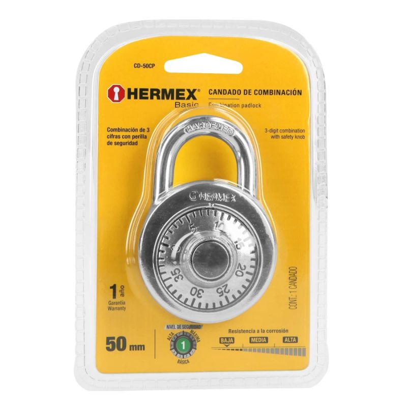 Durable 50mm Hermex combination padlock ideal for securing lockers, bags, and bicycles, featuring a user-friendly design.