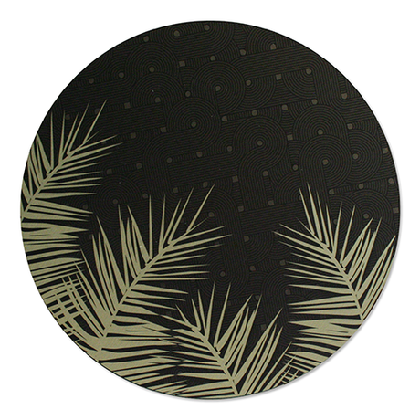 Vibrant palm leaf wall art in a brushed circle design, 250mm diameter, crafted on durable aluminum composite material.