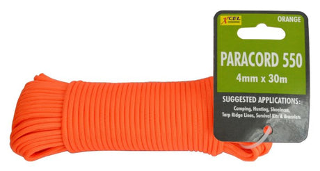 High-performance 4mm x 30m orange paracord ideal for outdoor, crafting, and survival use, featuring durable multi-strand construction.