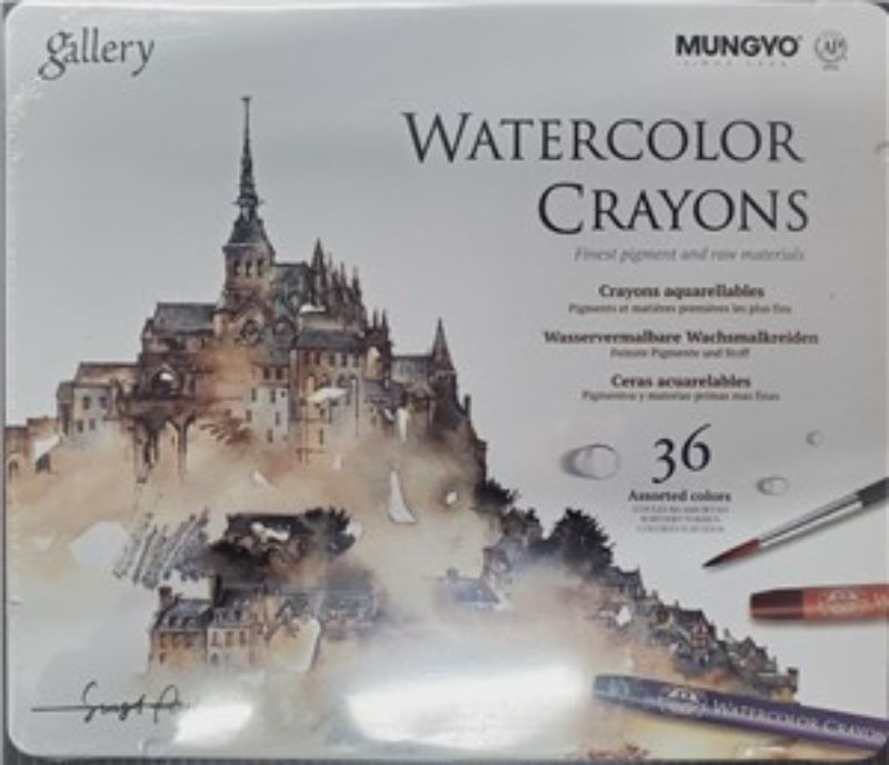 Mungyo Watercolour Crayons in a tin, 36 vibrant colors for versatile artistic expression and easy blending effects.
