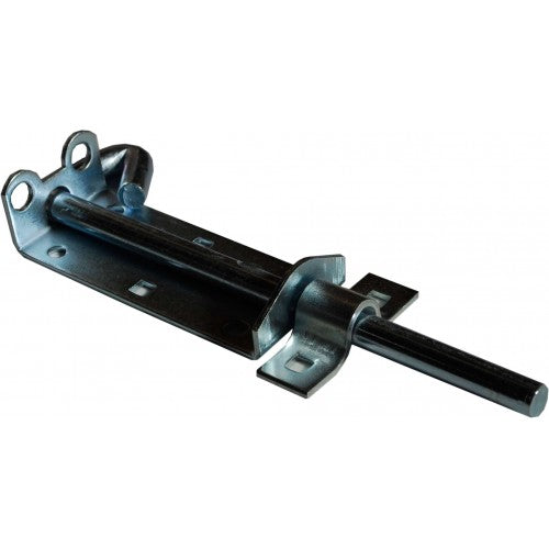 Heavy-duty 6-inch pad bolt with long shoot mechanism for secure doors and gates, made of bright zinc plated steel.