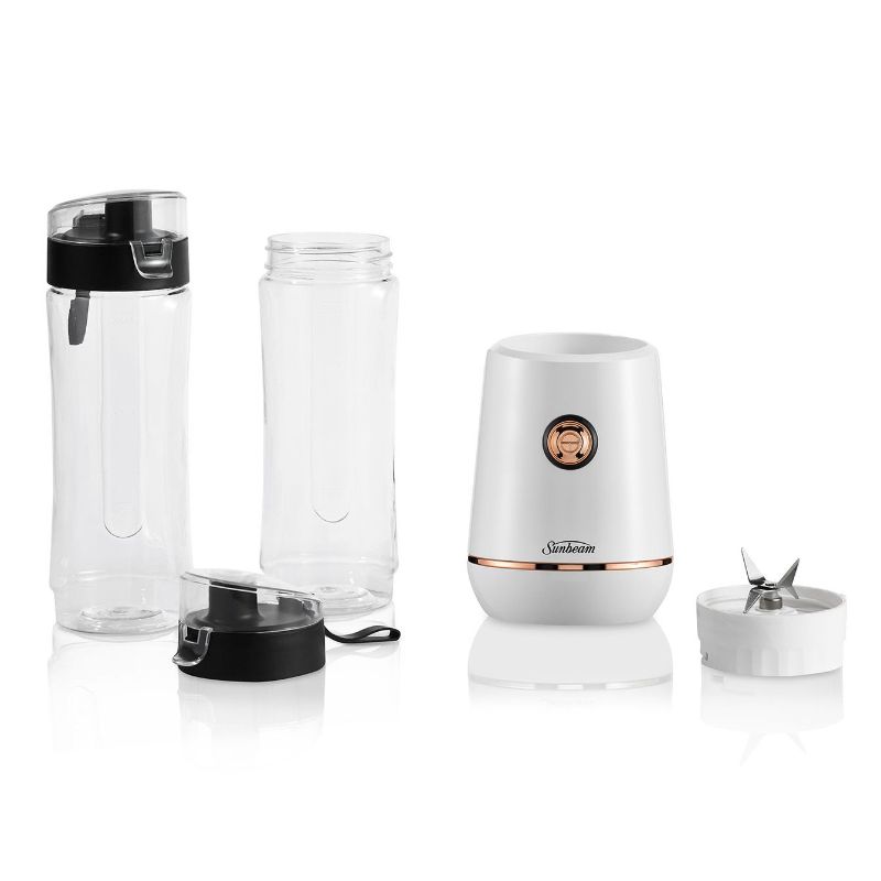 Sunbeam Insta Go Blender in white, featuring a 350W motor, stainless steel blades, and two 600ml BPA-free bottles for smoothies.