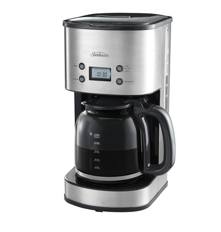 Sunbeam Drip Filter Coffee Machine brews 12 cups of rich coffee with programmable timer and sleek stainless-steel design.