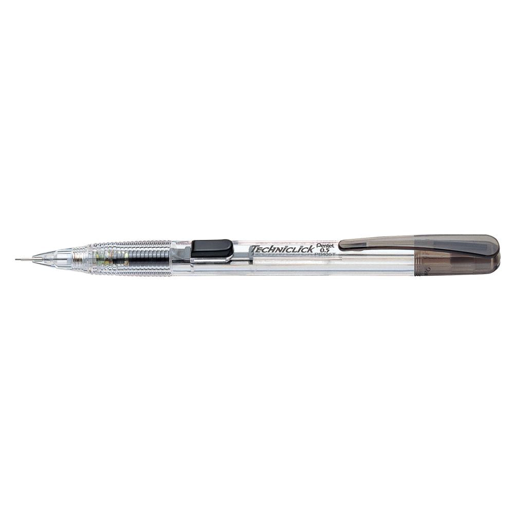 Pentel Techniclick Mechanical Pencil PD105T, clear barrel, 0.5mm lead, side click mechanism, 12 pack for easy writing.