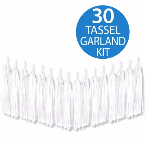 White tissue paper tassel garland, 2m long with 30 elegant tassels, perfect for any celebration decor.