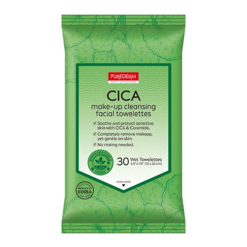 Purederm Cica cleansing towelettes gently remove all makeup, dirt, and oil while soothing and hydrating sensitive skin.