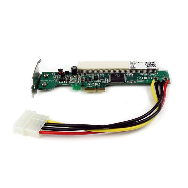 Low Profile PCIe to PCI Adapter Card enabling use of 3.3V/5V PCI cards in PCI Express slots, includes full-size bracket.