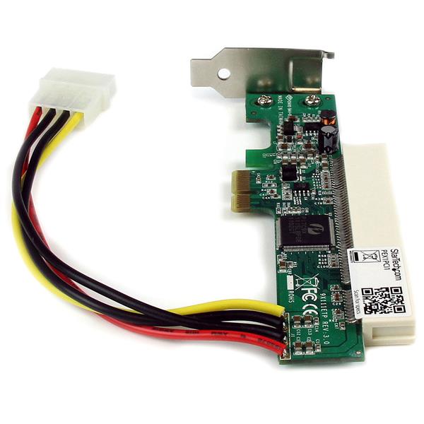 Low profile PCI to PCIe adapter card for using PCI expansion cards in desktops or servers, includes full-size bracket.