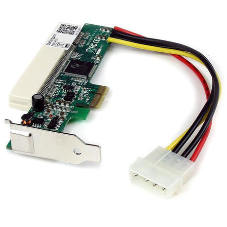 Low Profile PCIe to PCI Adapter Card for using PCI/PCI-X cards in PCI Express slots, includes power connector and mounting bracket.