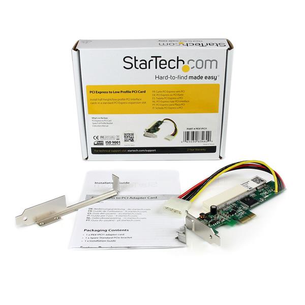 Low profile PCI to PCIe adapter card for using PCI cards in desktop or server systems, includes LP4 power connector.