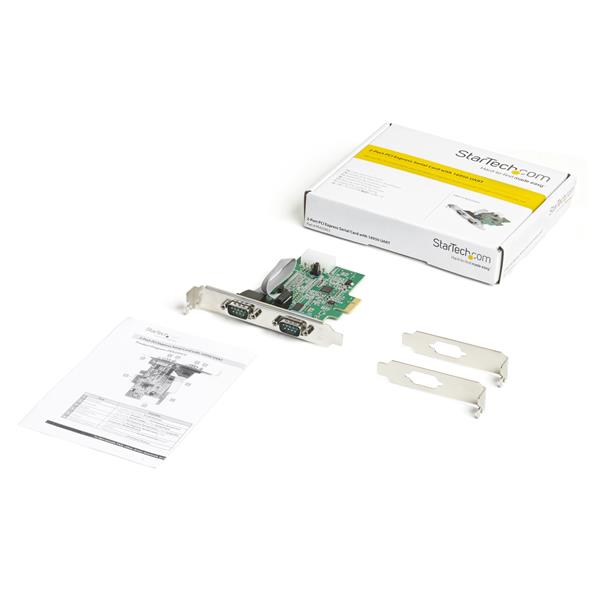2 Port PCI Express RS232 Serial Adapter Card, adds two DB9 serial ports with optimal 921.6Kbps data speeds, compatible with Windows/Linux.