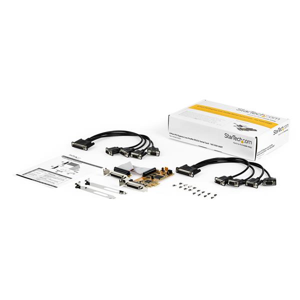 8-Port Low Profile PCIe Serial Card with RS-232 DB9 ports for connecting printers, scanners, and devices in tight spaces.