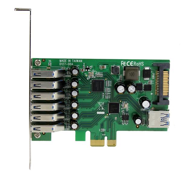7-Port PCIe USB 3.0 Expansion Card with dual-profile design for fast data transfer and extensive device connectivity.