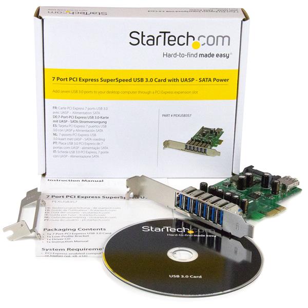 7-Port PCIe USB 3.0 Expansion Card with dual-profile design for high-speed connectivity and multiple device support.