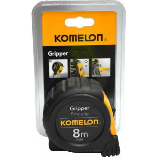 Komelon 8m Tape Measure with durable rubber case, precision blade, and shock absorber for reliable measurements.