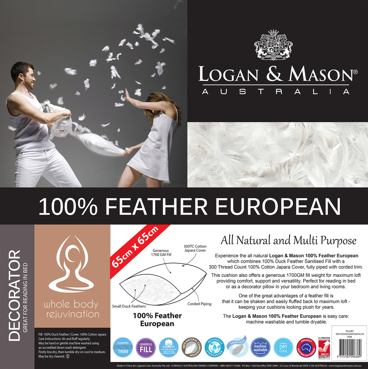 Euro Pillow - Logan And Mason 100% Feather (65cm)